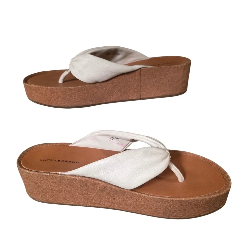 Lucky Brand Lellina White Leather Platform Thong Sandals Womens 10M LK-LELLINA